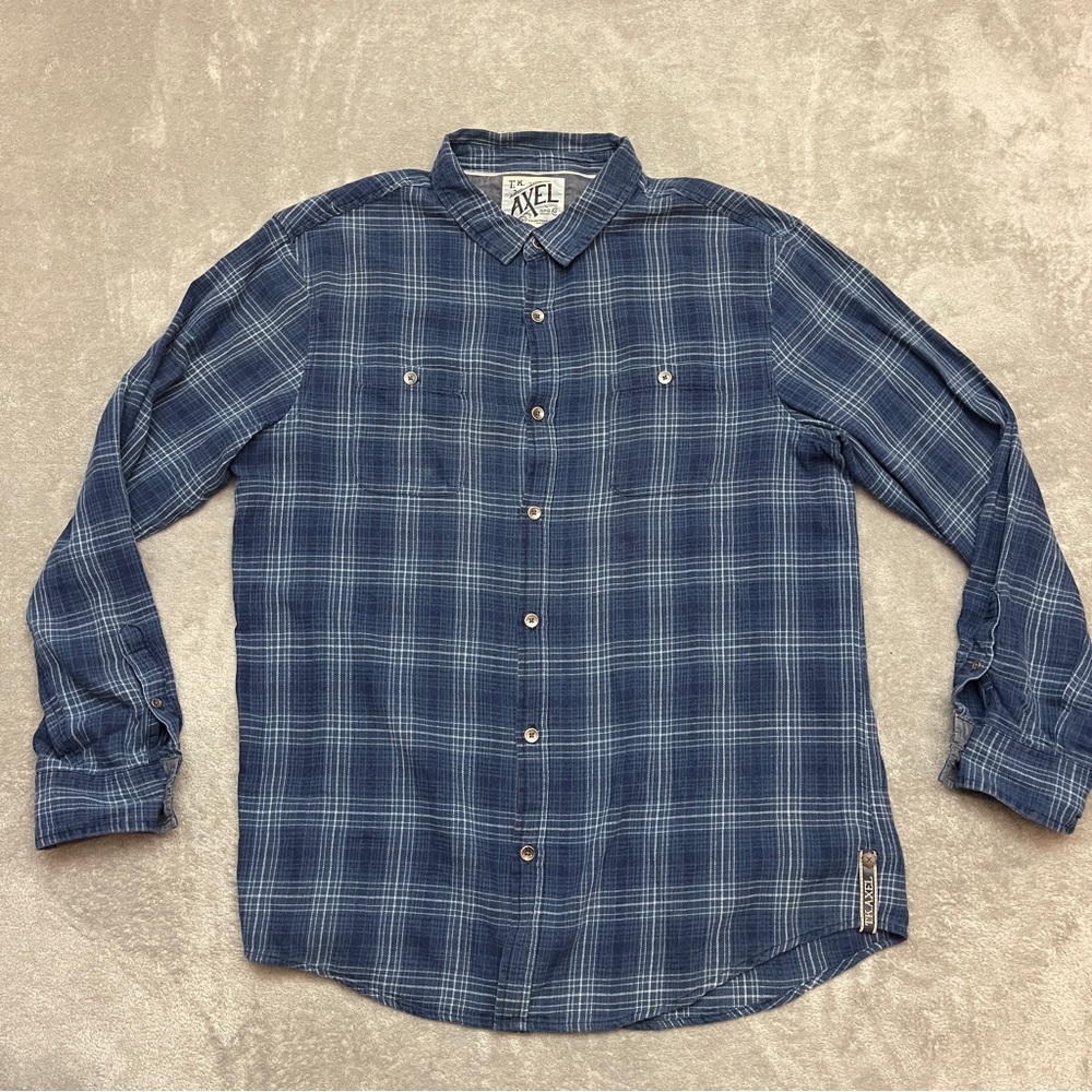 TK Axel Flannel Shirt Mens Large Blue Plaid Pockets Casual Long Sleeve Workwear